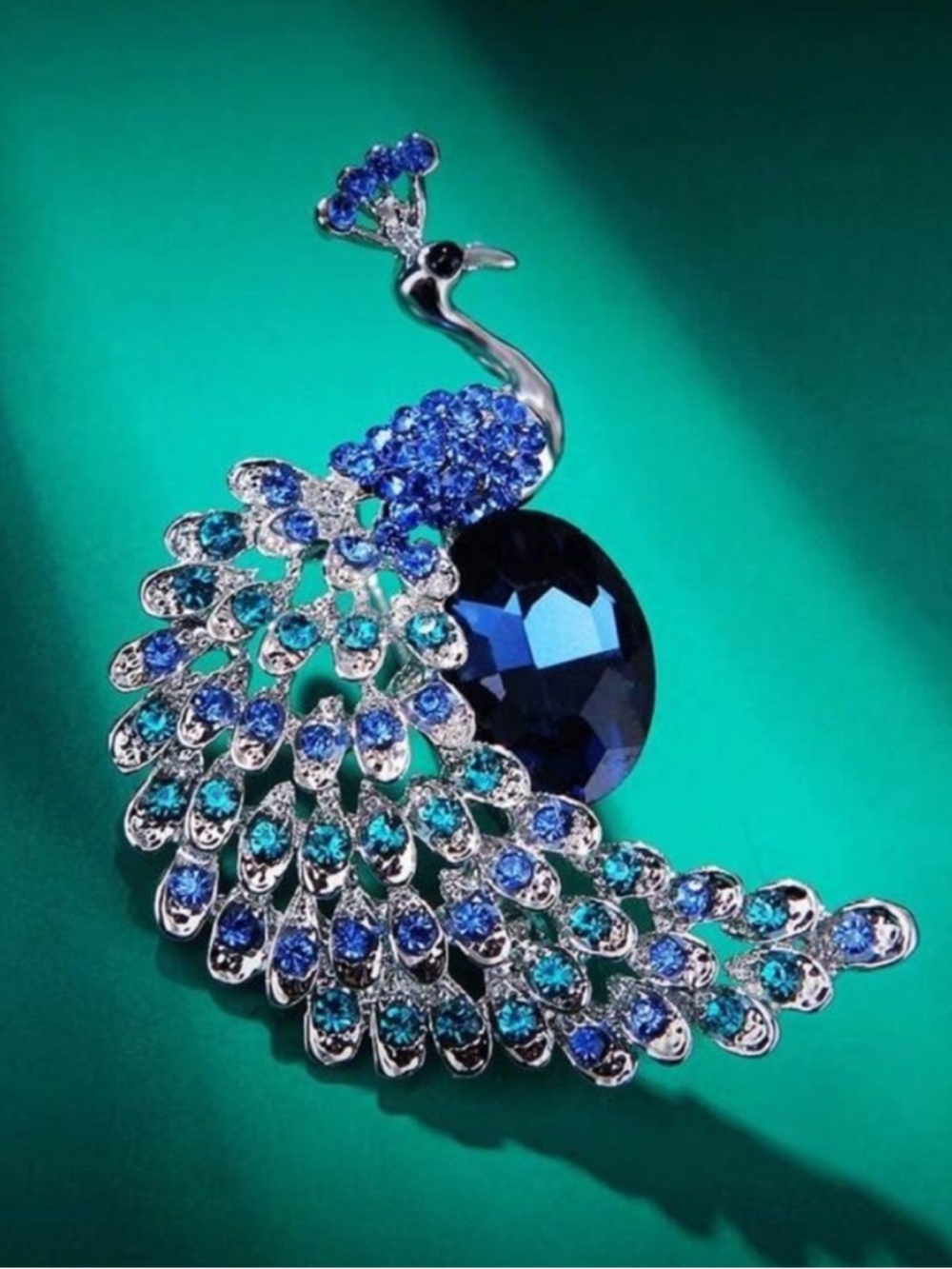 Anthropologie Silver Peacock Brooch with Blue and Teal Crystals - Picture 3 of 6